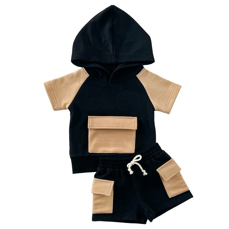Terry Cargo Shorts Set | Black & Tan
