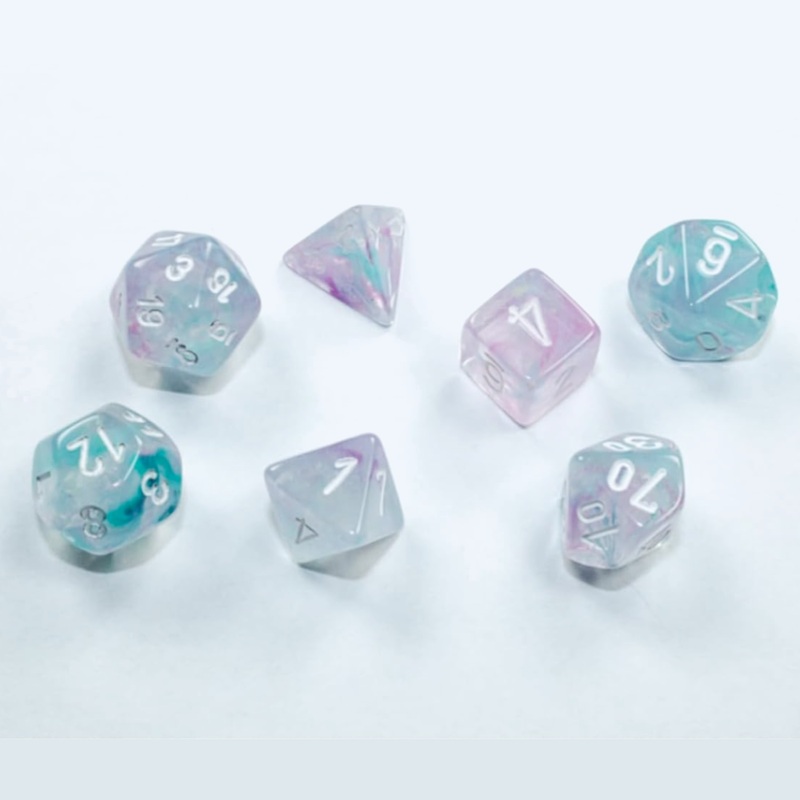 Nebula: Mini-Polyhedral Wisteria/white 7-Die set