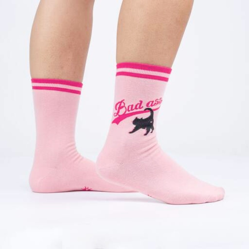 Bad Ass Cat Crew Socks (pink)