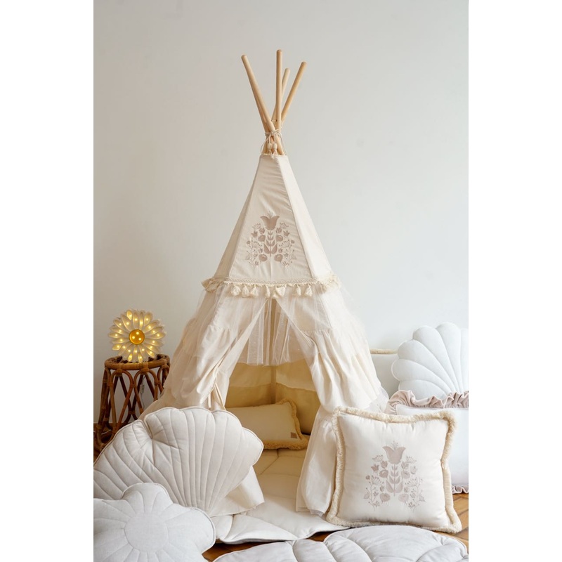 Boho Teepee Tent with Frills and Caramel Mat with Frill Set