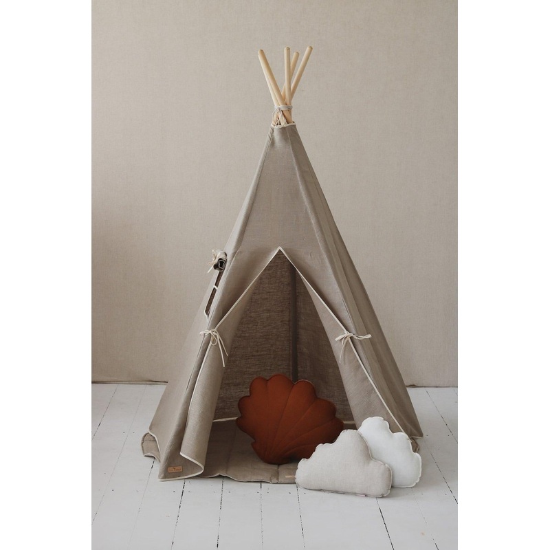 Natural Linen Teepee Tent and White and Grey Leaf Mat Set