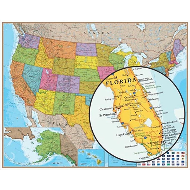 LARGE LAMINATED US MAP WITH FLAGS