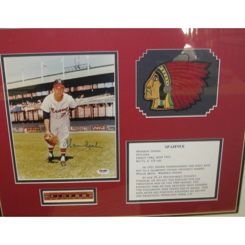 Warren Spahne framed autograph photo with stats, patch and COA