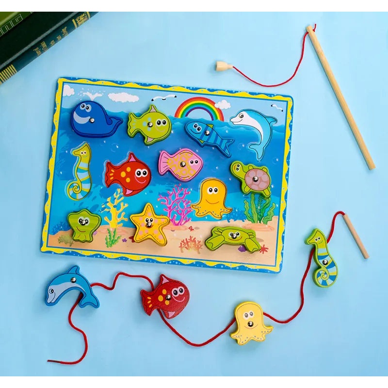 4-in-1 Wooden Montessori Learning Toy  Fishing, Stacking & Lacing Fun!