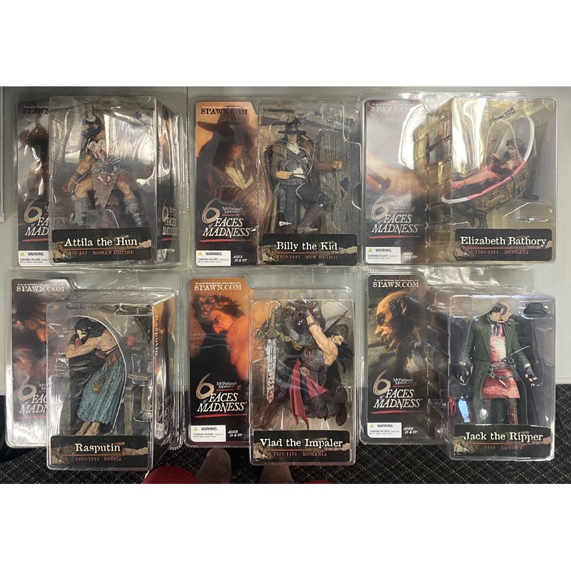 Mcfarlane 6 Faces of Madness Full Set of Six Action Figures (Billy the Kid) (Atilla the Hun) (Vlad the Impaler) (Jack the Ripper) (Elizabeth Bathory) (Rasputin)