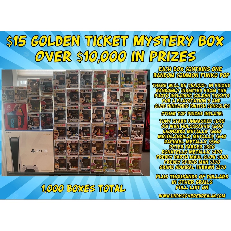 $15 Funko Pop Golden Ticket Mystery Box with over $10,000 in prizes including Grails, Playstation 5, and Nintendo Switch OLED