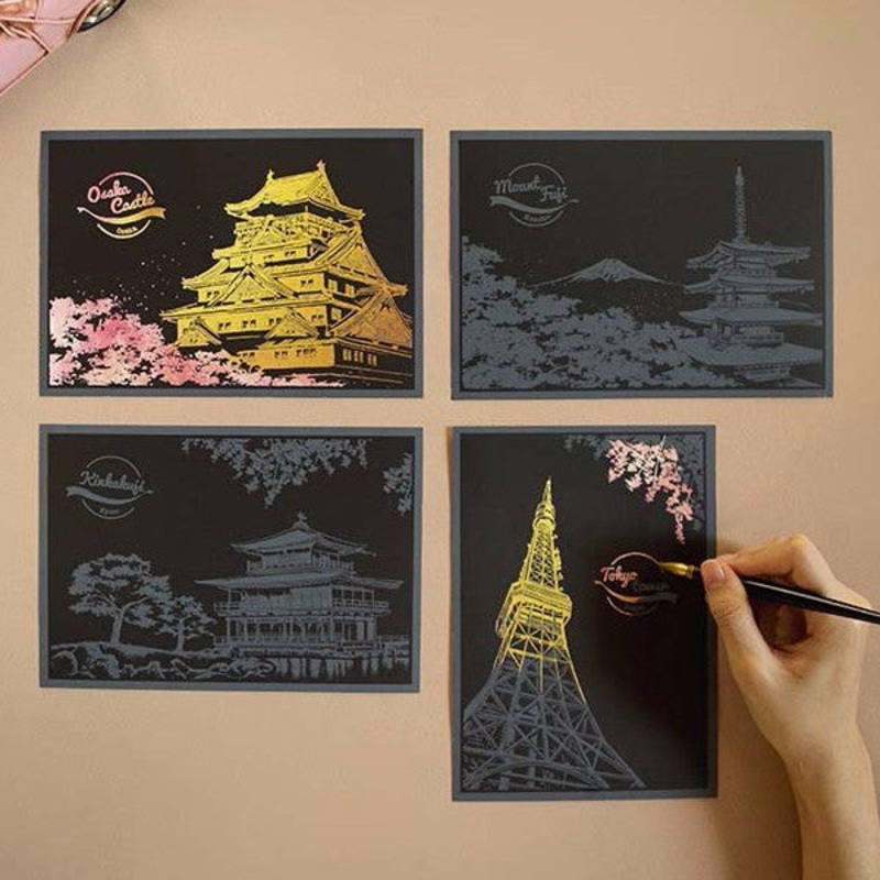 Lago Scratch Art Postcard Japan Cities Cherry Blossom